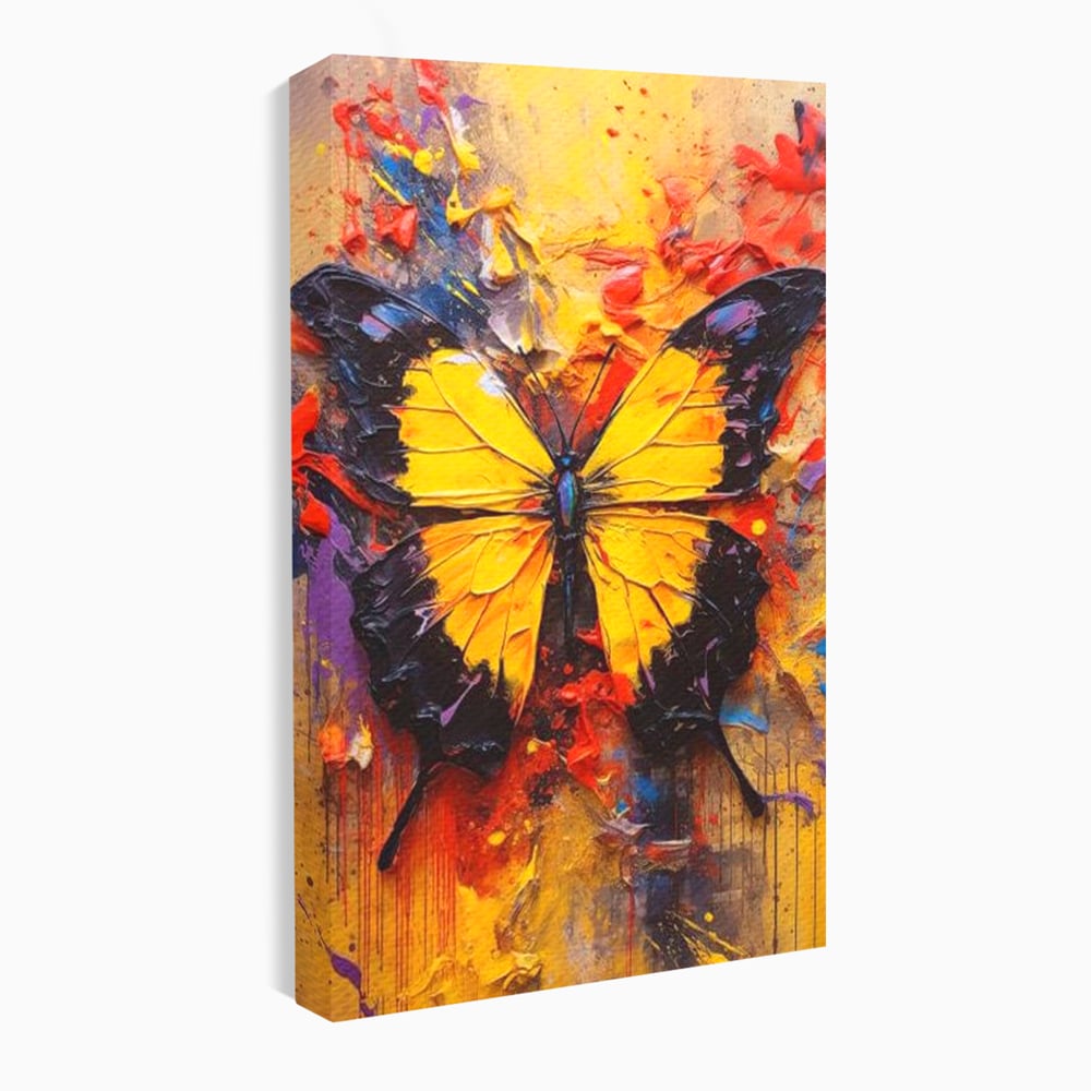 Tablou canvas cu pictura cu fluture galben, fara rama, pe sasiu de lemn